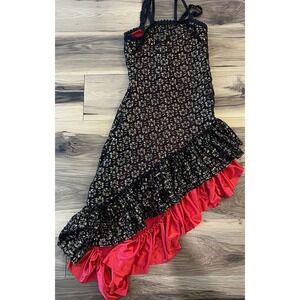 Weissman Costume Dress Womens M Black Gold Red Ruffle Lace Asymmetrical